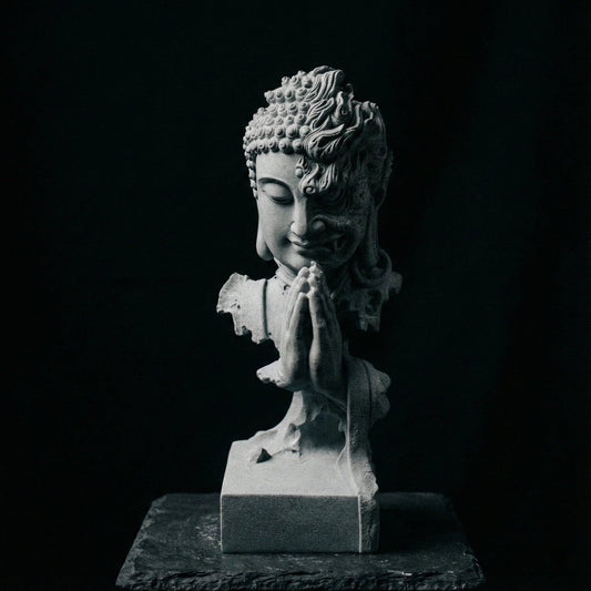 Minimalist Zen Shaolin quiet Sakyamuni statue in grey Qing sandstone for modern home decor-1