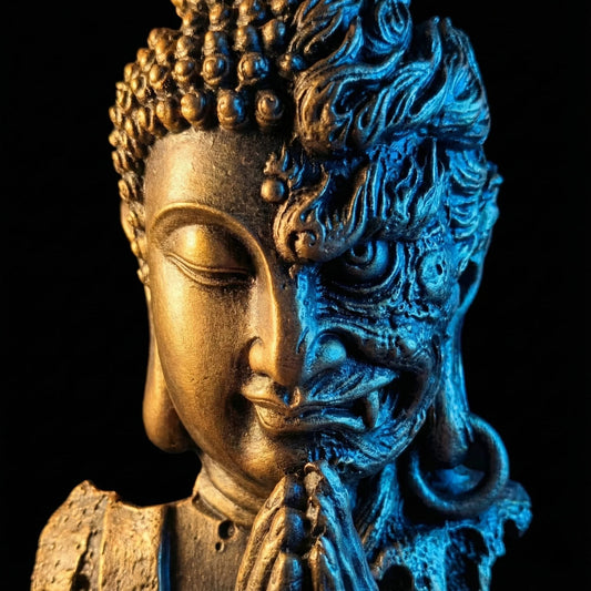 Harmony in Chaos Statue - Modern dual-faced Buddha sculpture displaying a seamless split design between serene calmness and structured dynamic texture, serving as a mindful home decor centerpiece.
