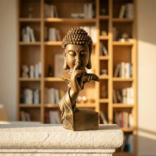 Minimalist Sakyamuni zen buddha statue on a modern desk for home decor