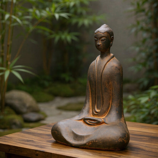 Minimalist sandstone Buddha statue on a wooden table for modern Zen home decor
