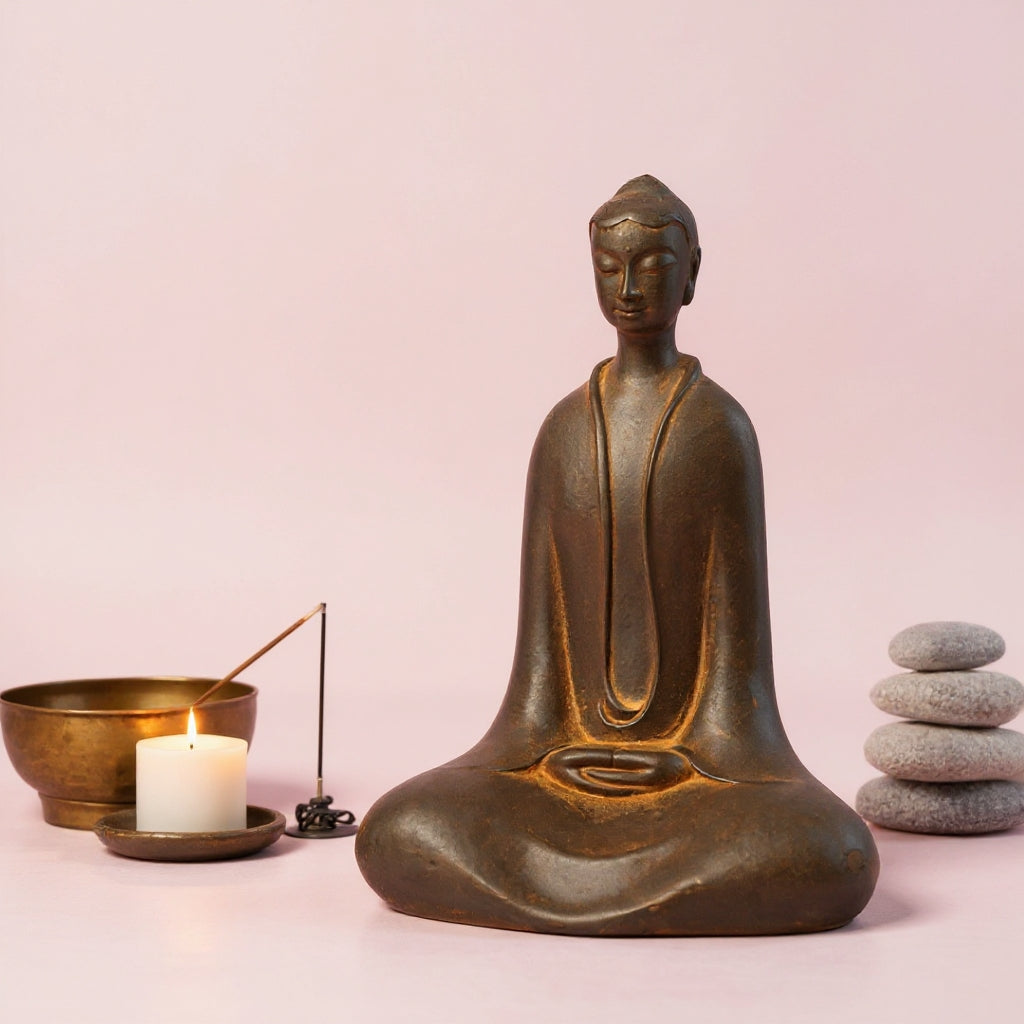 Meditation Buddha statue placed in a tranquil meditation room creating a calm and spiritual atmosphere