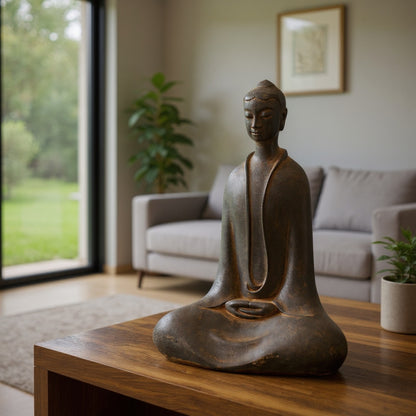 Meditation Buddha statue placed in a tranquil meditation room creating a calm and spiritual atmosphere