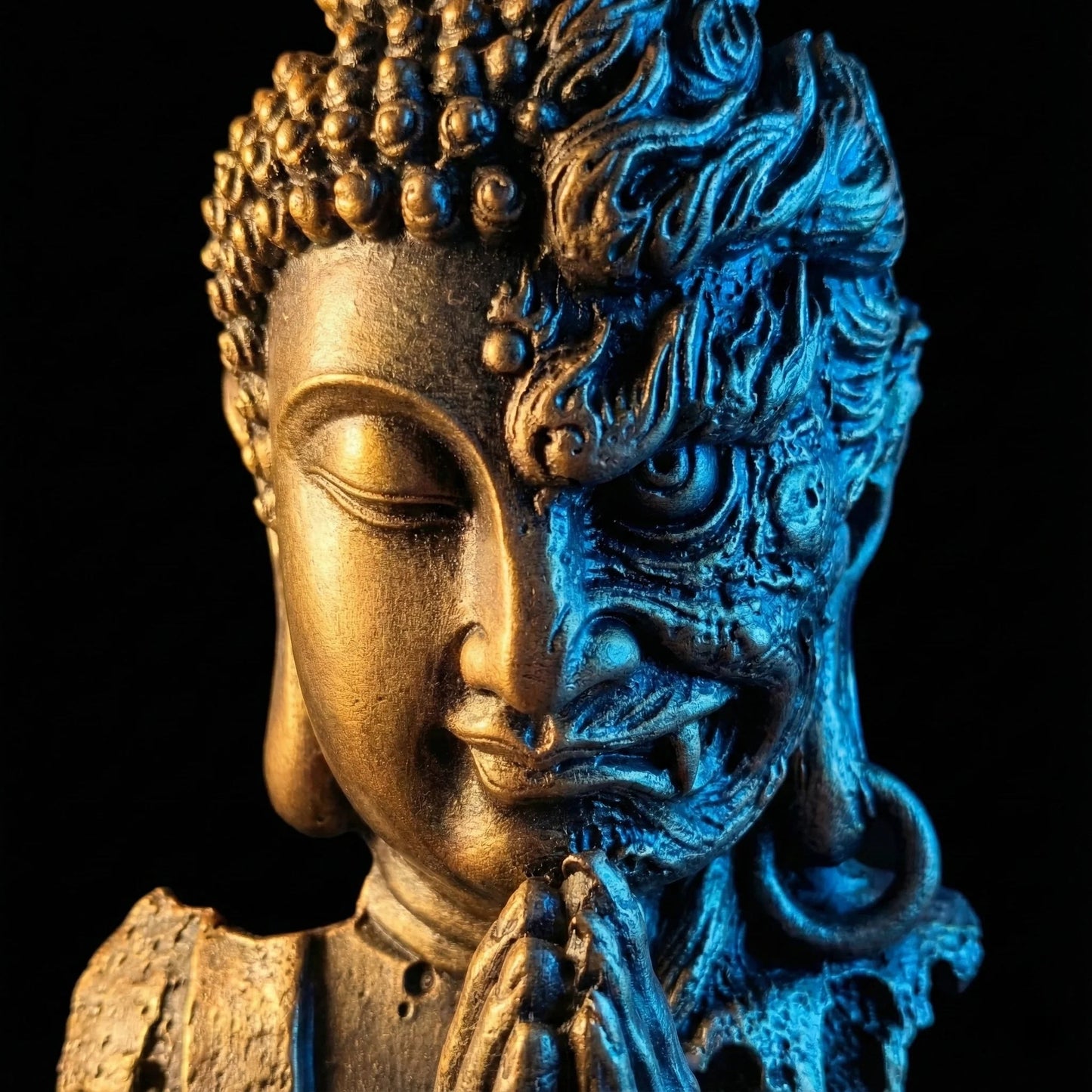 Close-up details of handcrafted dual-faced Buddha sculpture showing intricate Zen textures-1