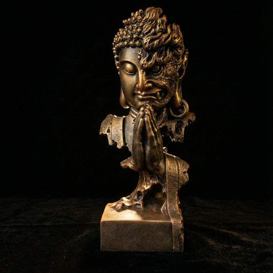 Harmony in Chaos statue in premium bronze finish showing dual-faced Buddha design-1