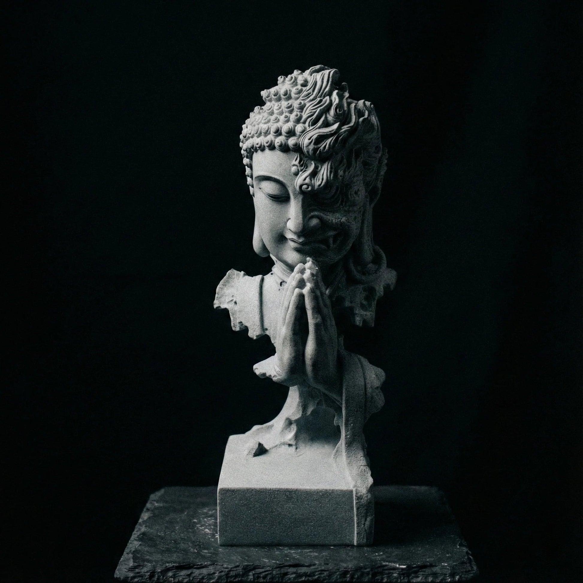 Minimalist Zen Shaolin quiet Sakyamuni statue in grey Qing sandstone for modern home decor-1