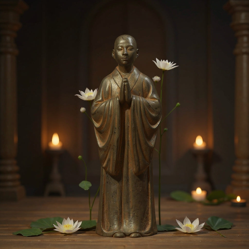 Zen Buddhist monk statue symbol of stillness mindfulness and spiritual decor